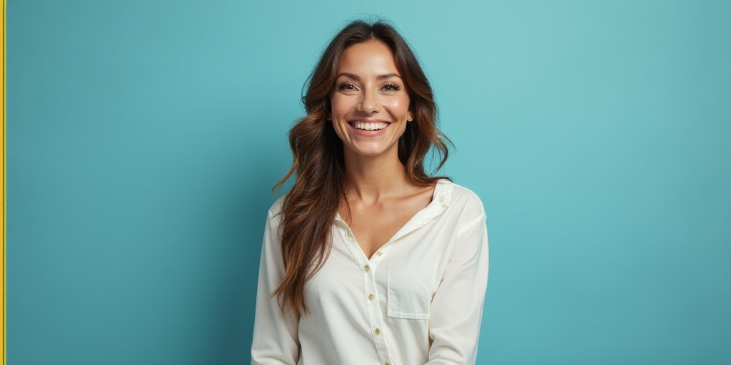 a woman in a white top is smiling for the camera with a blue background and a black and yellow borde