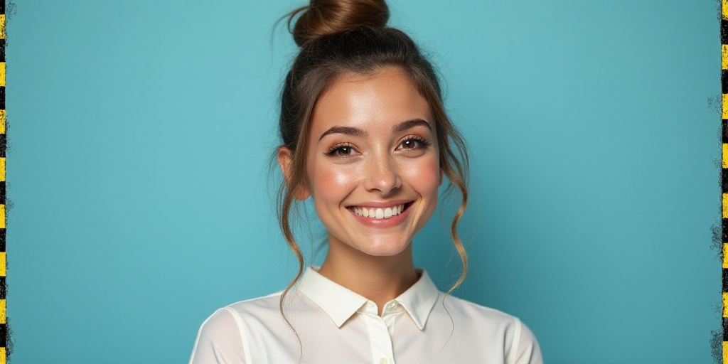 a woman in a white top is smiling for the camera with a blue background and a black and yellow borde
