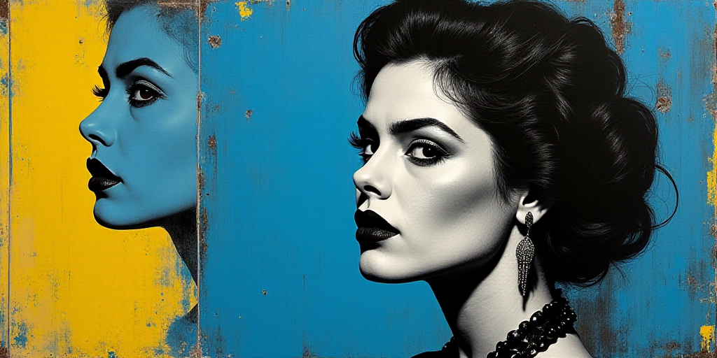 a woman in black and white with a blue background and a blue and yellow background with a black and