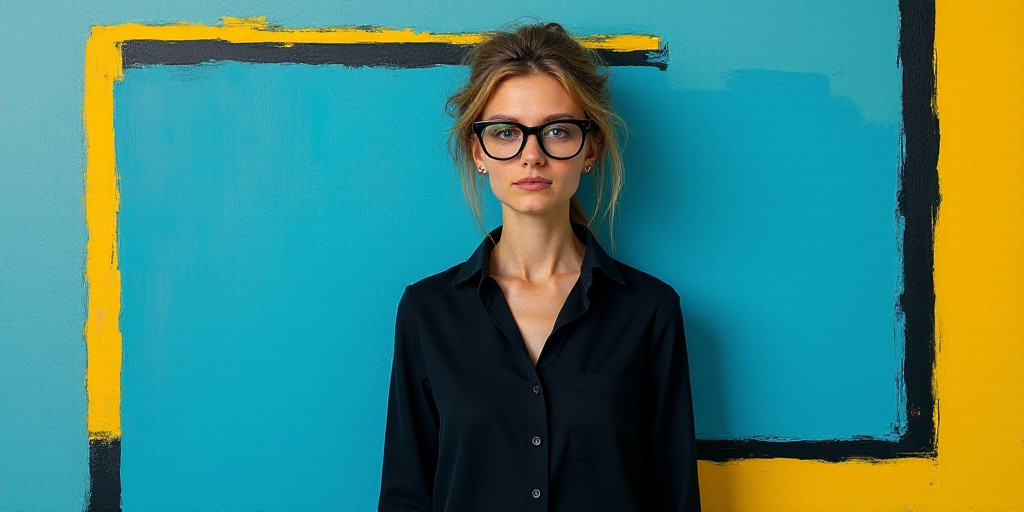 a woman in black shirt and glasses standing in front of a blue background with a yellow border and a