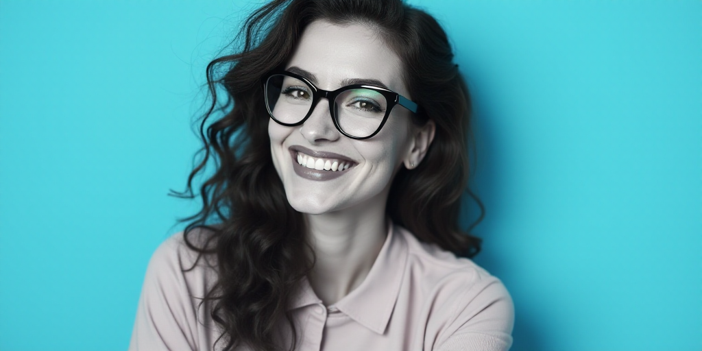 a woman in glasses is smiling for the camera with a blue background and a black and white photo of h