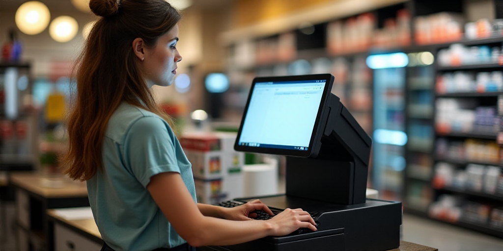 a woman is at a cash register in a store and she is looking at the screen of the machine, Andries St