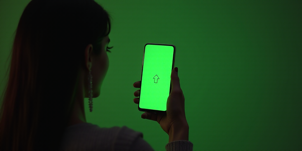 a woman is holding a cell phone with a green screen on it and a green arrow on the screen, Évariste