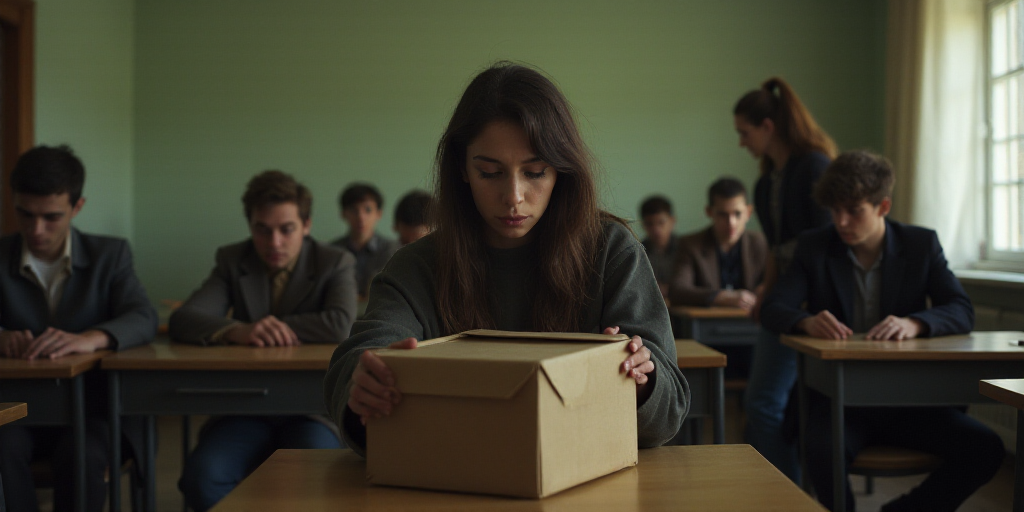 a woman is looking at a box in a classroom with other people sitting at desks and a woman standing i