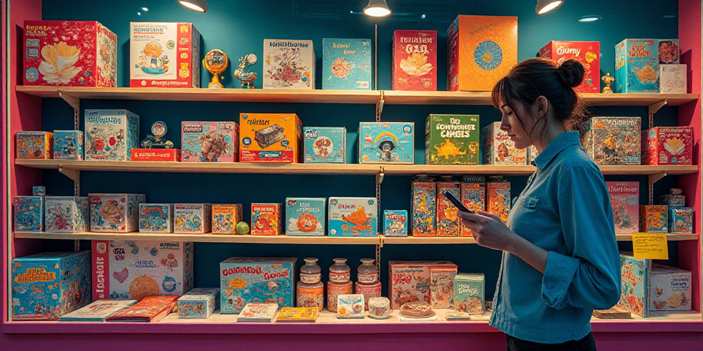 a woman is looking at her cell phone in a store window display of toys and games on display in a sto