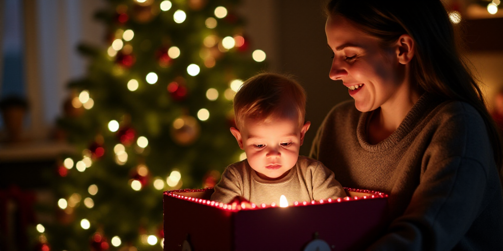 a woman is opening a box with a small child in it and a christmas tree in the background with lights