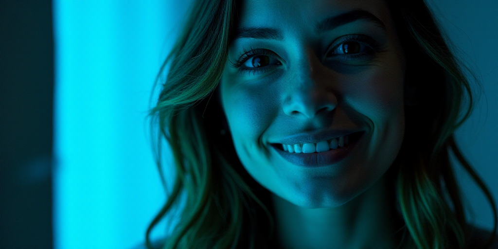 a woman is smiling for a picture with a blue background and a yellow border around her is the captio