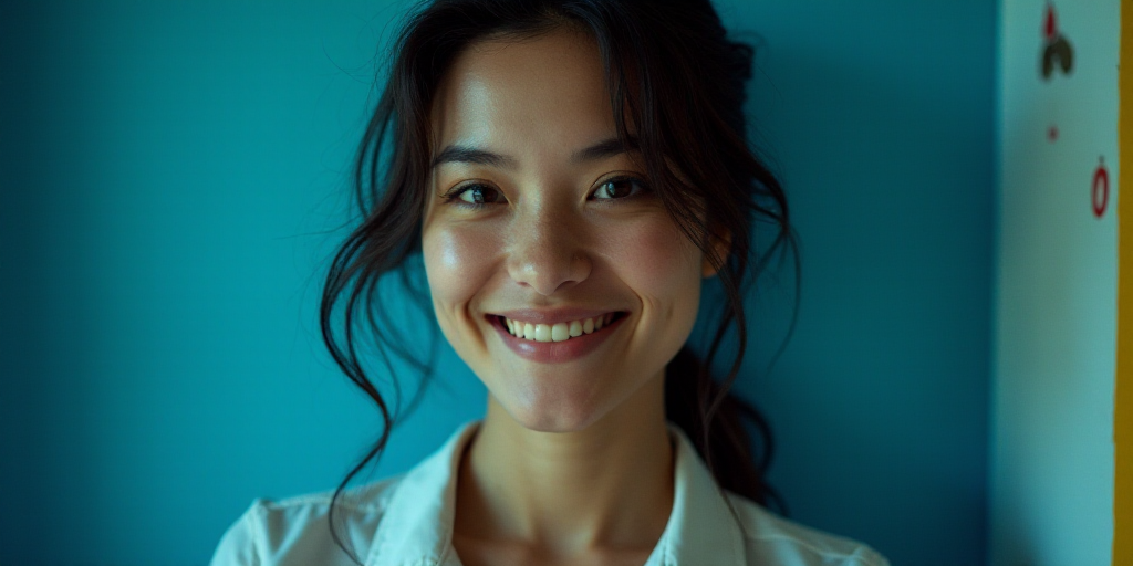 a woman is smiling for a picture with a blue background and a yellow border around her is the captio