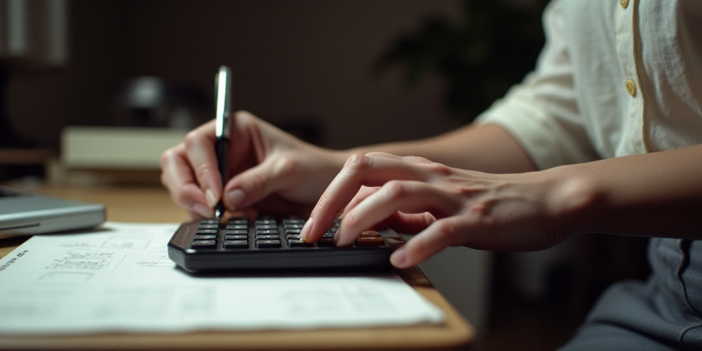a woman is typing on a calculator on a desk with a piece of paper on it and a pen in her hand, Evely