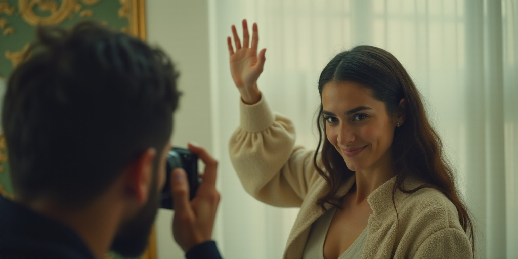 a woman is waving and holding her hand up in the air while a man is taking a picture of her, Araceli