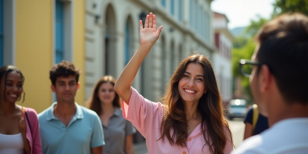 a woman is waving and holding her hand up in the air while a man is taking a picture of her, Araceli