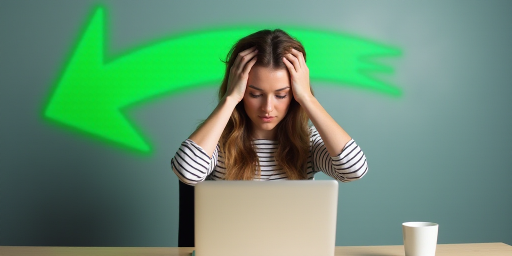 a woman sitting at a desk with her hands on her head and a laptop in front of her, with a green arro
