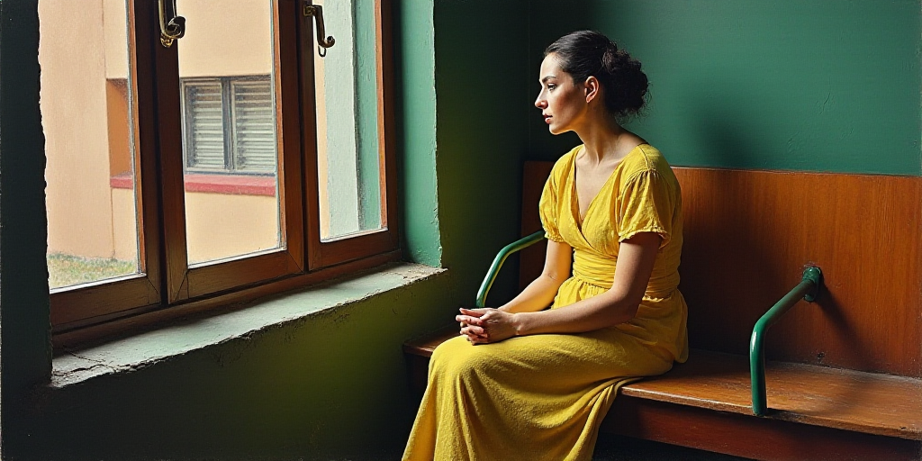 a woman sitting in front of a window next to a wooden bench with a green handle on it's end, David A
