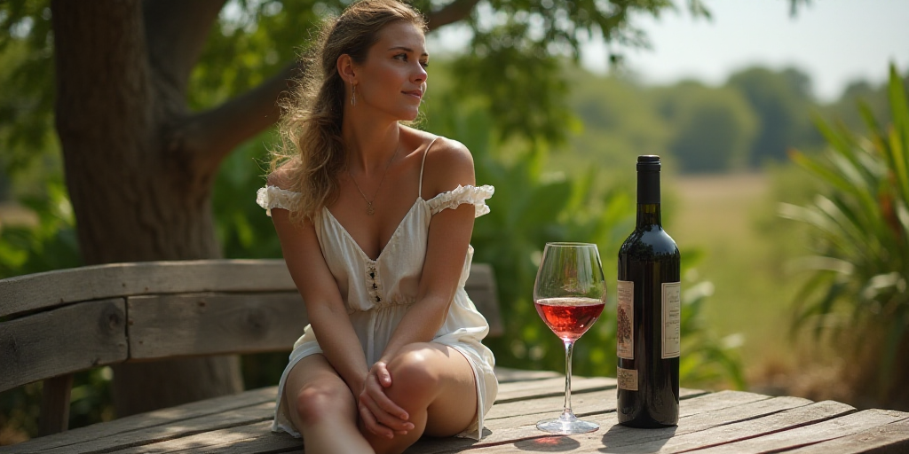a woman sitting on a bench next to a bottle of alcohol and a bottle of wine on a table, Araceli Gilb
