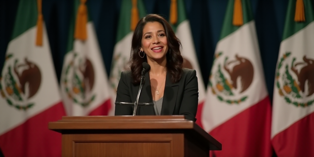 a woman standing at a podium in front of flags and a microphone in front of a podium with a mexican