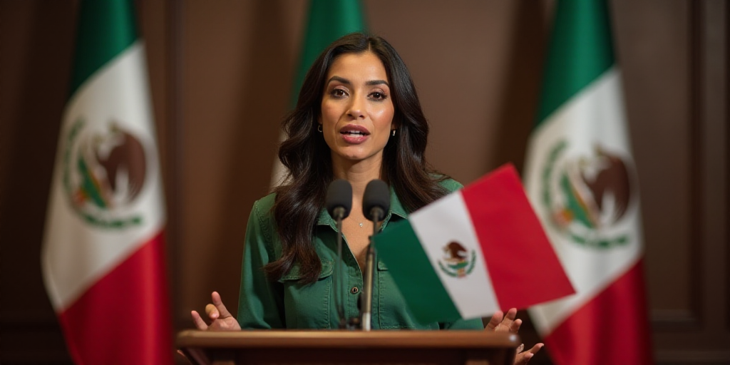 a woman standing at a podium in front of two flags and a microphone in front of her is a microphone