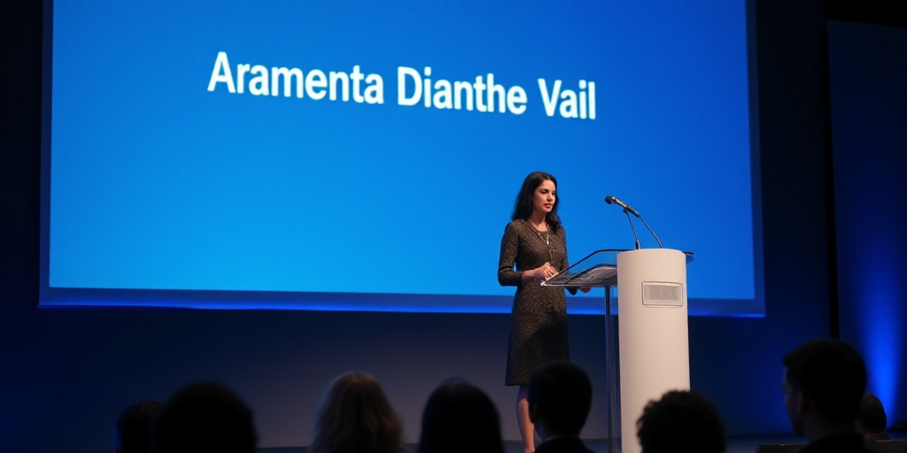 a woman standing at a podium in front of a blue screen with a sign behind her that says,, Aramenta D