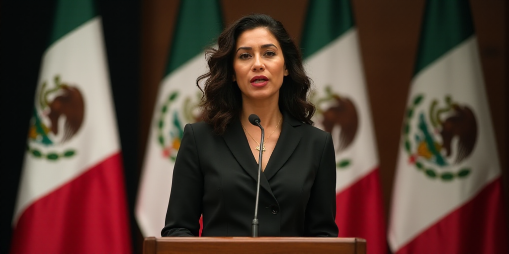 a woman standing at a podium in front of flags of mexico and mexico, with a microphone in front of h