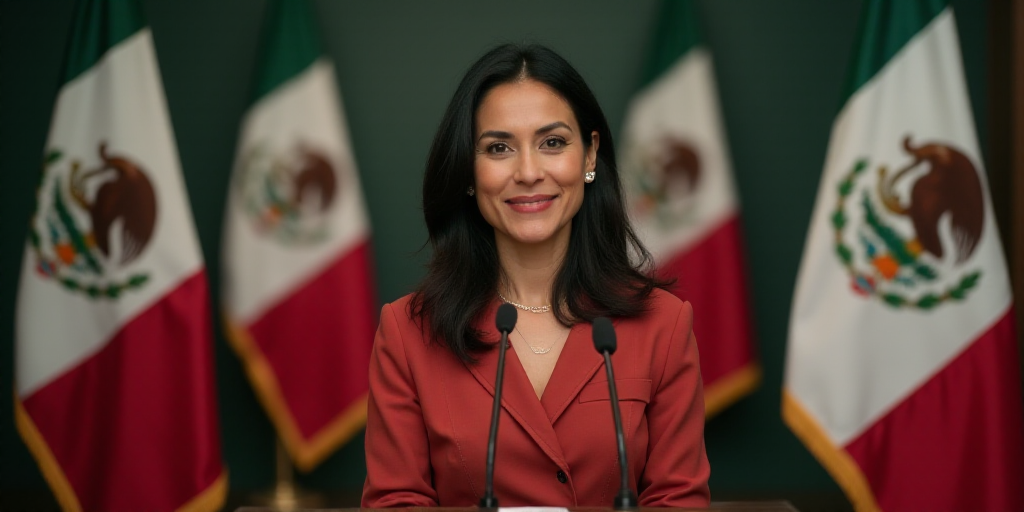 a woman standing at a podium in front of flags of mexico and mexico on a wall behind her is a microp