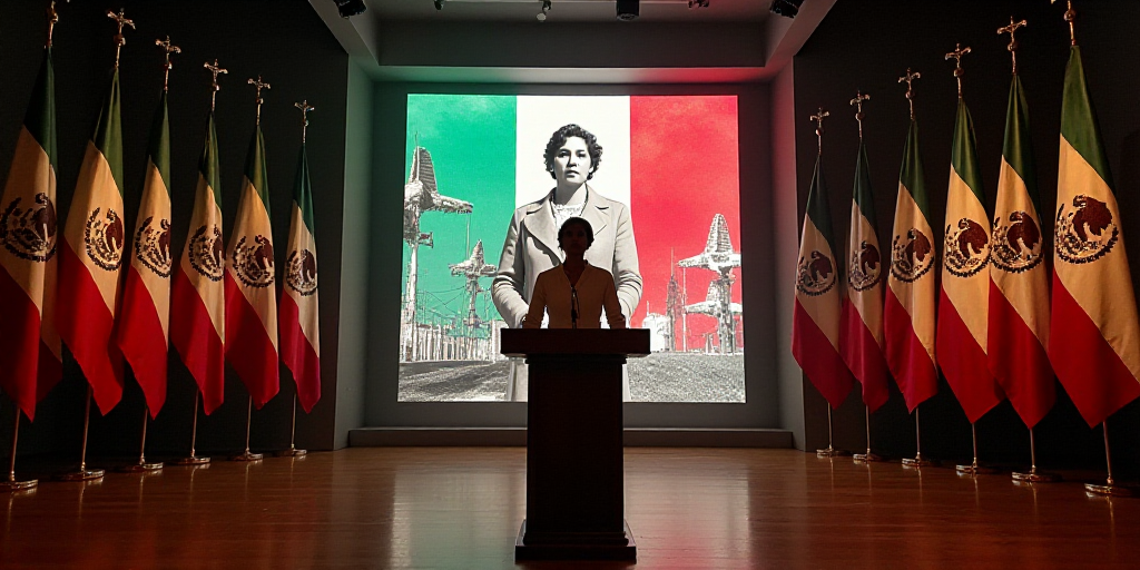 a woman standing at a podium in front of flags and a picture of a woman in a coat and turtle neck, D