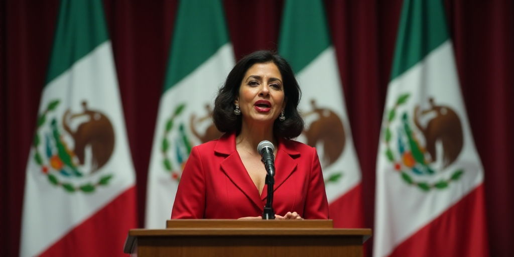 a woman standing at a podium in front of flags of mexico and mexico, speaking at a podium with a mic