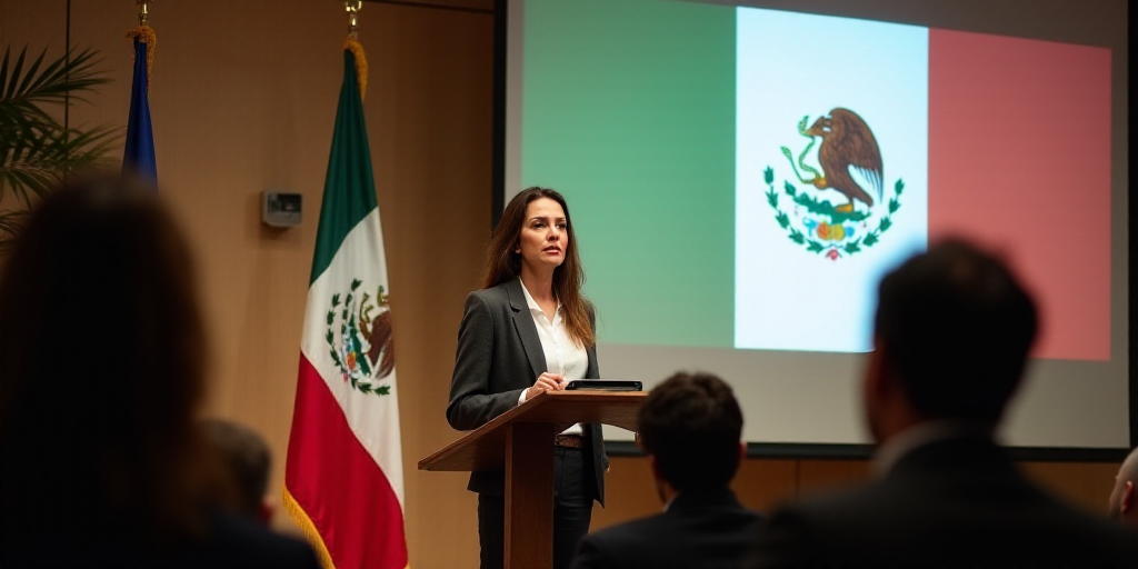 a woman standing at a podium in front of a projector screen with flags behind her and a mexican flag