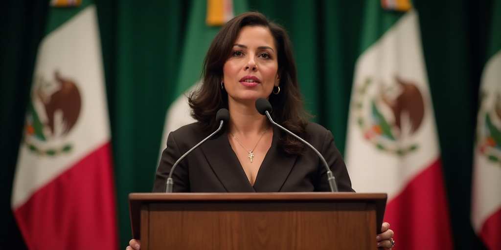 a woman standing at a podium in front of flags of mexico and mexico, speaking at a podium with a mic