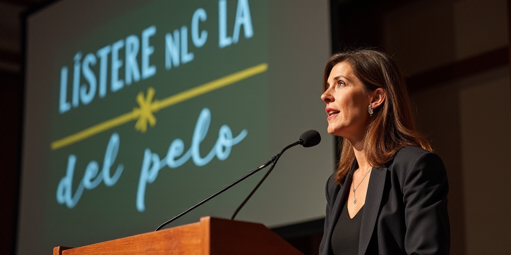 a woman standing at a podium with a microphone in front of her and a sign behind her that says confi