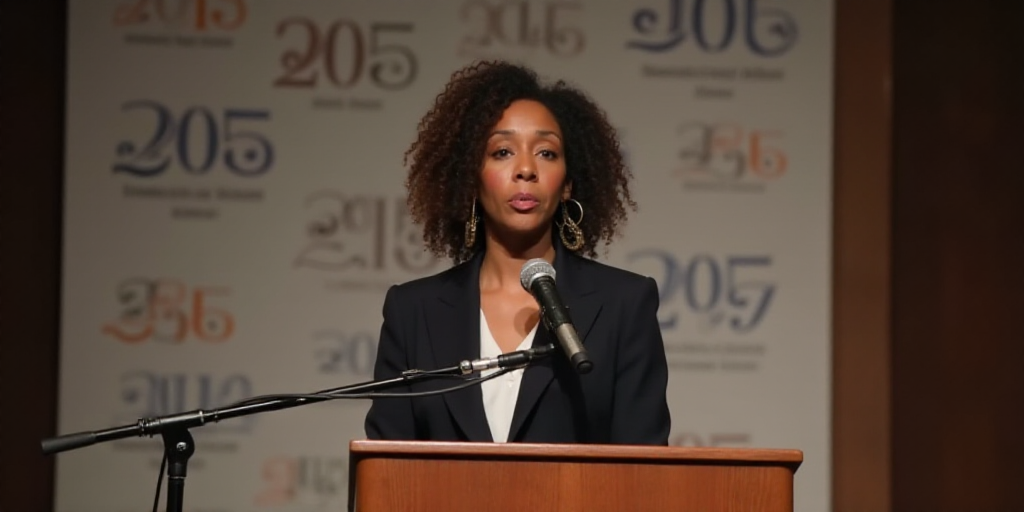 a woman standing at a podium with a microphone in front of her and a banner behind her that says 205