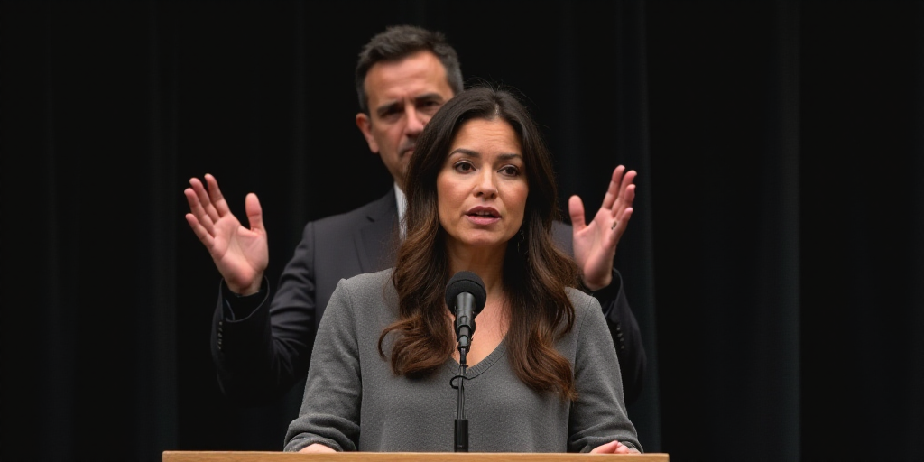 a woman standing at a podium with a microphone in front of her and a man standing behind her with hi