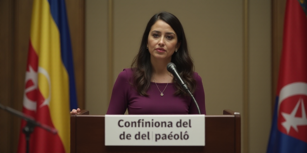 a woman standing at a podium with a microphone in front of her and a sign behind her that says confi