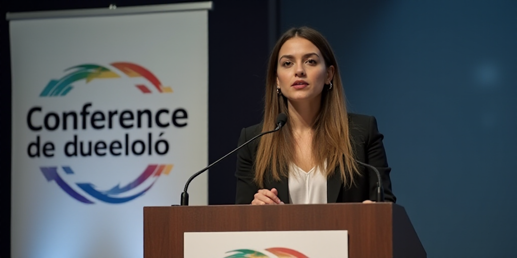 a woman standing at a podium with a microphone in front of her and a sign behind her that says confe
