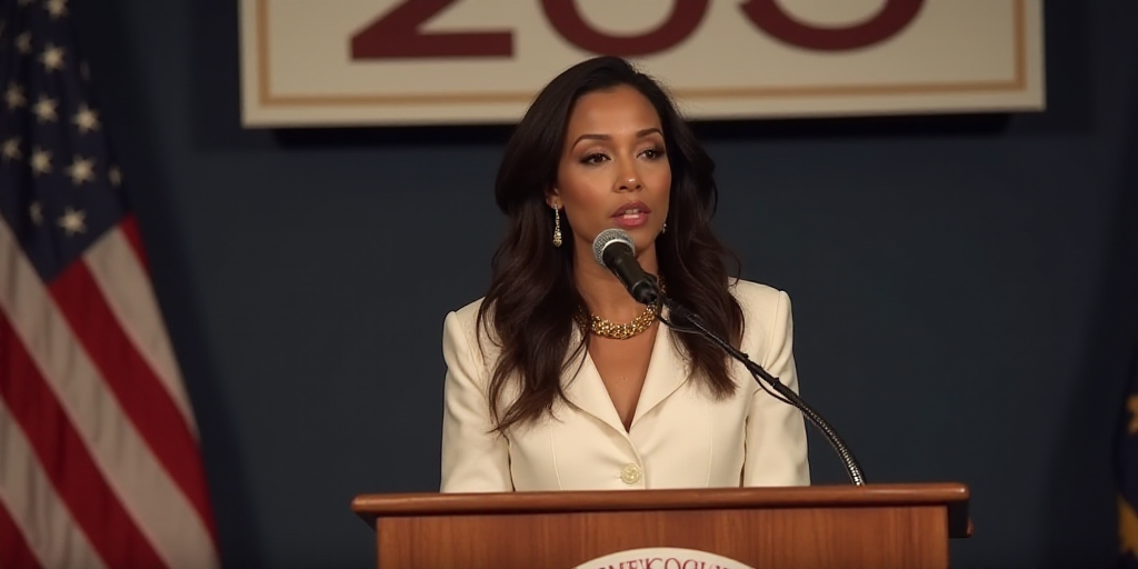 a woman standing at a podium with a microphone in front of her and a banner behind her that says 205