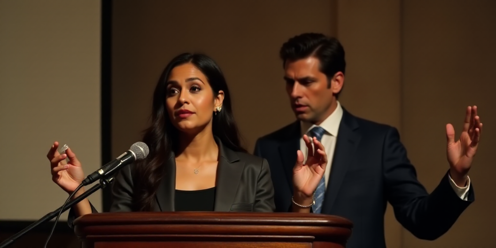 a woman standing at a podium with a camera in front of her and a man standing behind her with his ha