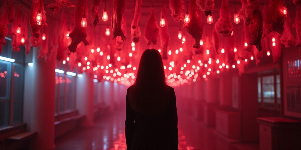 a woman standing in a room with lots of lights hanging from the ceiling and hanging meat on the ceil