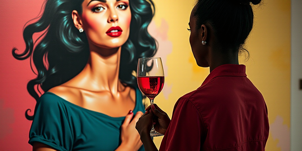 a woman standing in front of a painting of a woman holding a glass of wine in front of a painting of