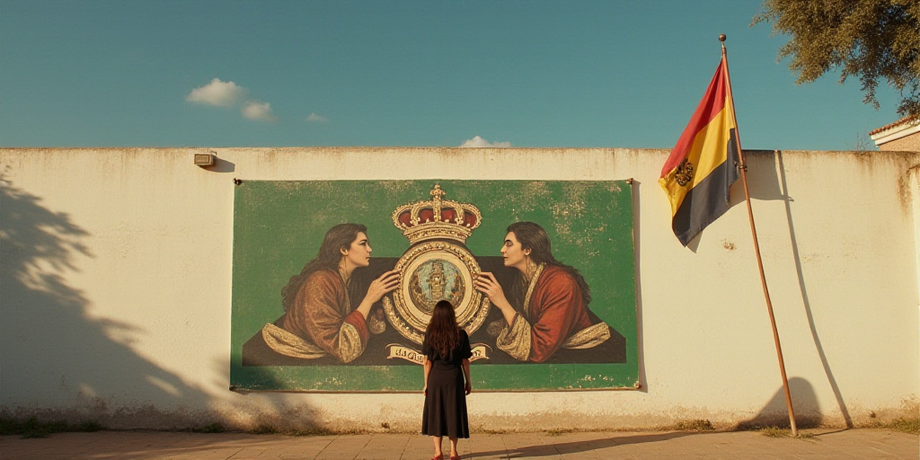 a woman standing in front of a large poster on a wall next to a flag and a flag pole, Ceferí Olivé