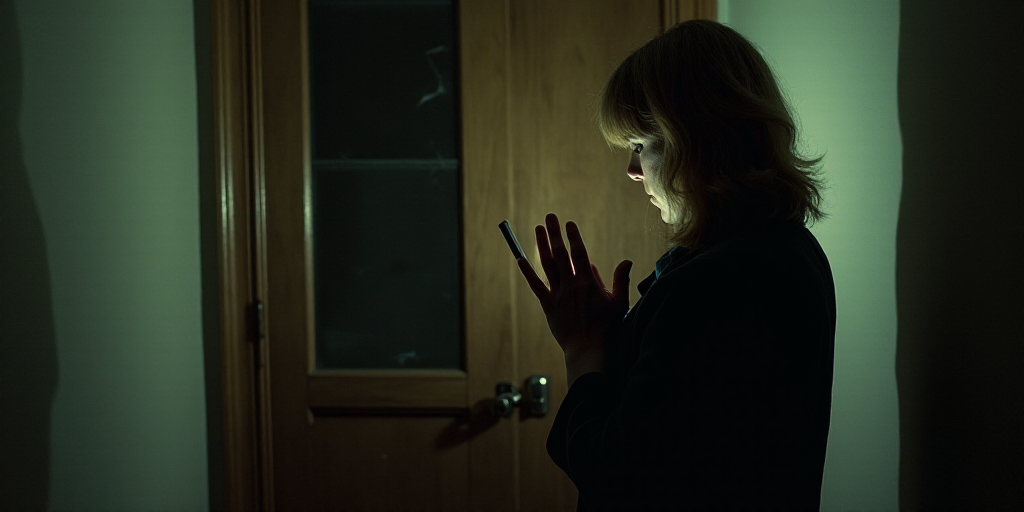 a woman standing in front of a door with her hands folded in prayer while holding a cell phone in he