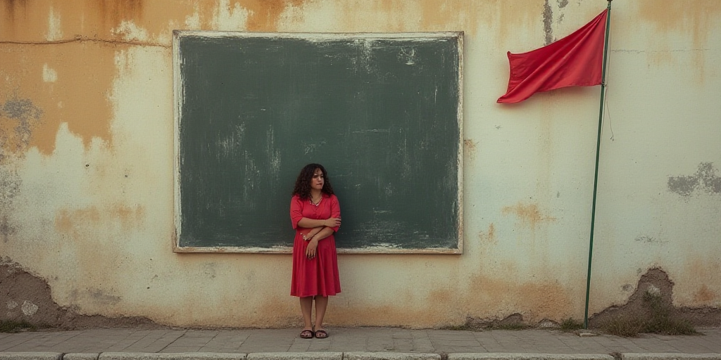 a woman standing in front of a large poster on a wall next to a flag and a flag pole, Ceferí Olivé