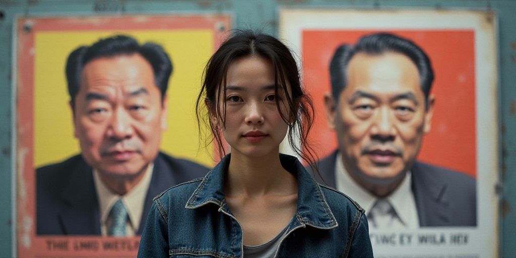 a woman standing in front of a sign with a picture of a man on it and a poster of a man behind her,