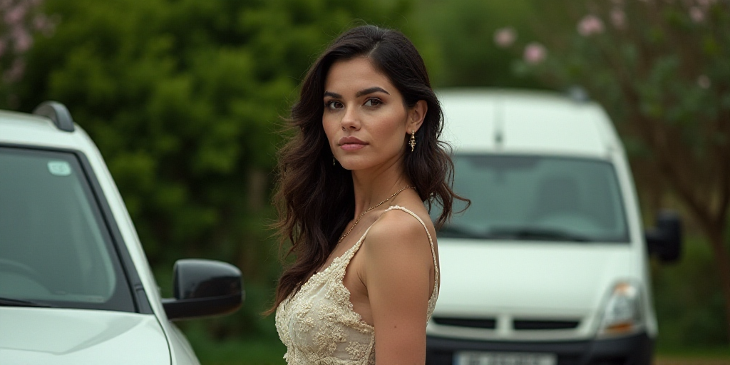 a woman standing next to a parked car in a garden area with a green bush behind her and a white van