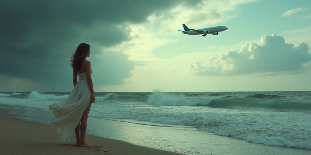 a woman standing on a beach looking at the ocean and an airplane flying overhead in the sky above he