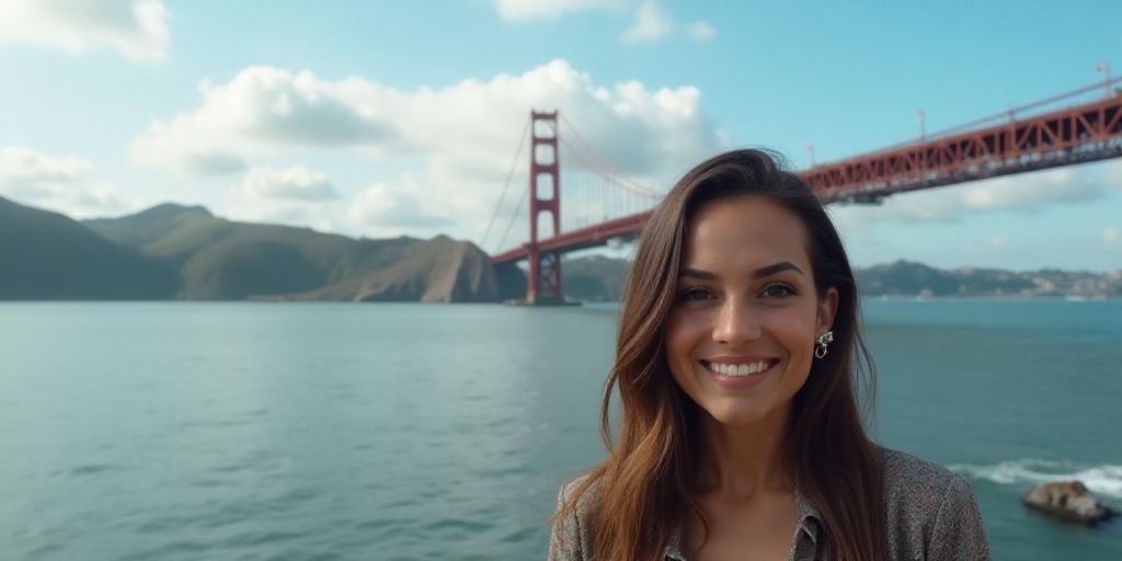 a woman standing on a bridge near the water smiling for the camera with a blue sky and clouds in the