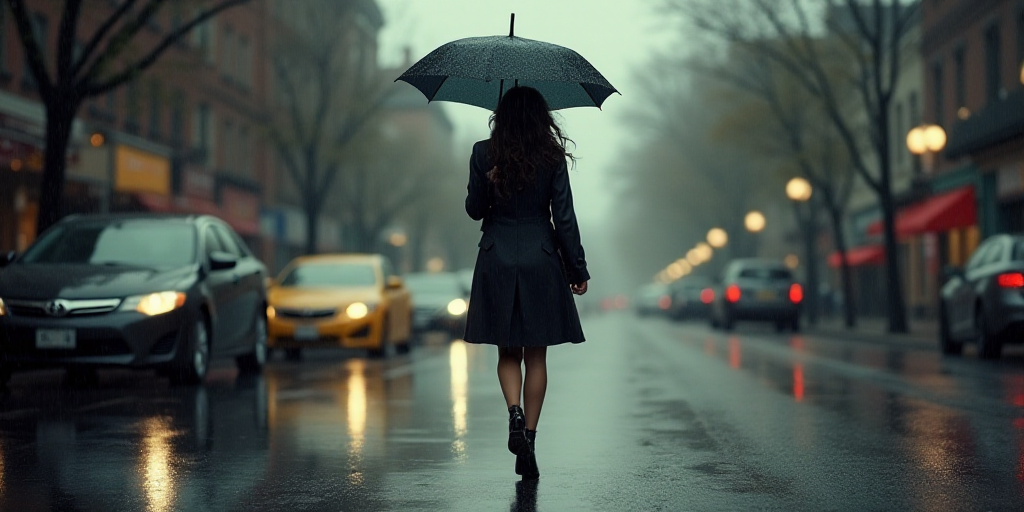 a woman walking down a street holding an umbrella in the rain with cars parked behind her on a rainy
