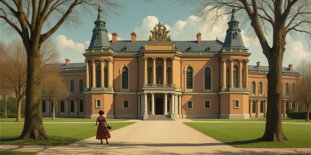 a woman walking in front of a building with a tall building in the background and a tree in the fore