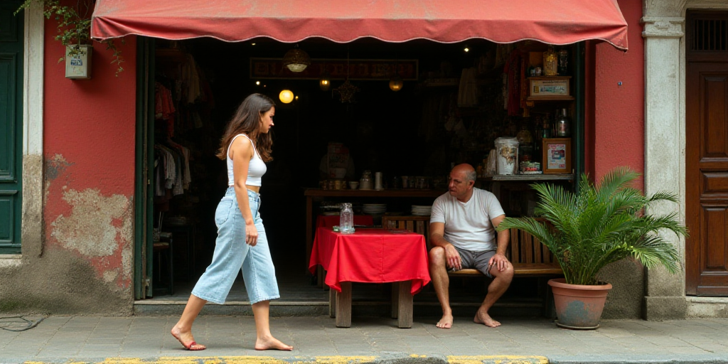 a woman walking past a man sitting on a bench in front of a store front with a red table cloth, Edi