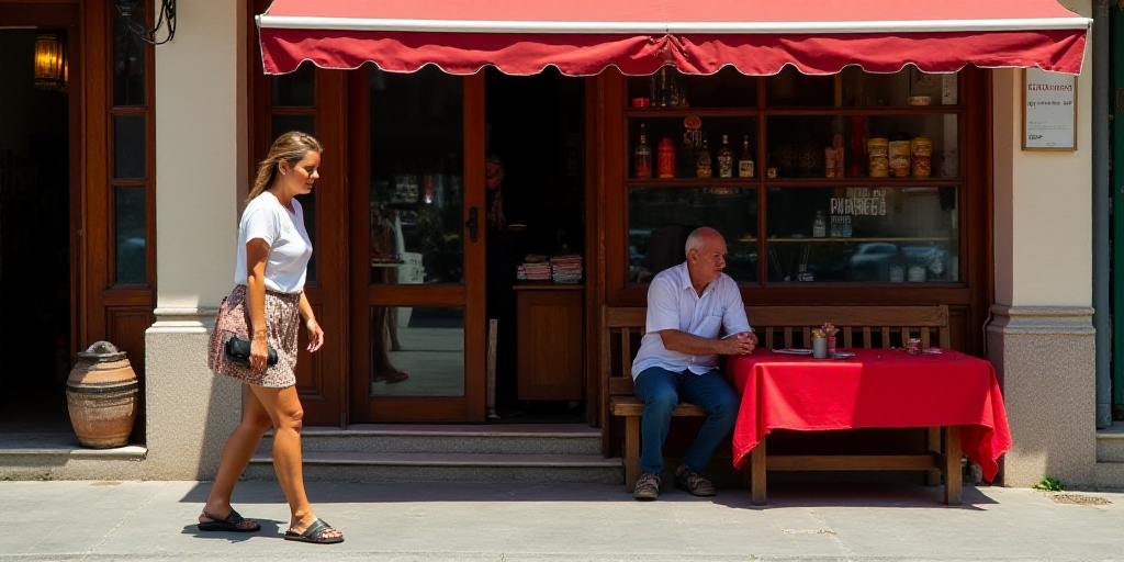 a woman walking past a man sitting on a bench in front of a store front with a red table cloth, Edi