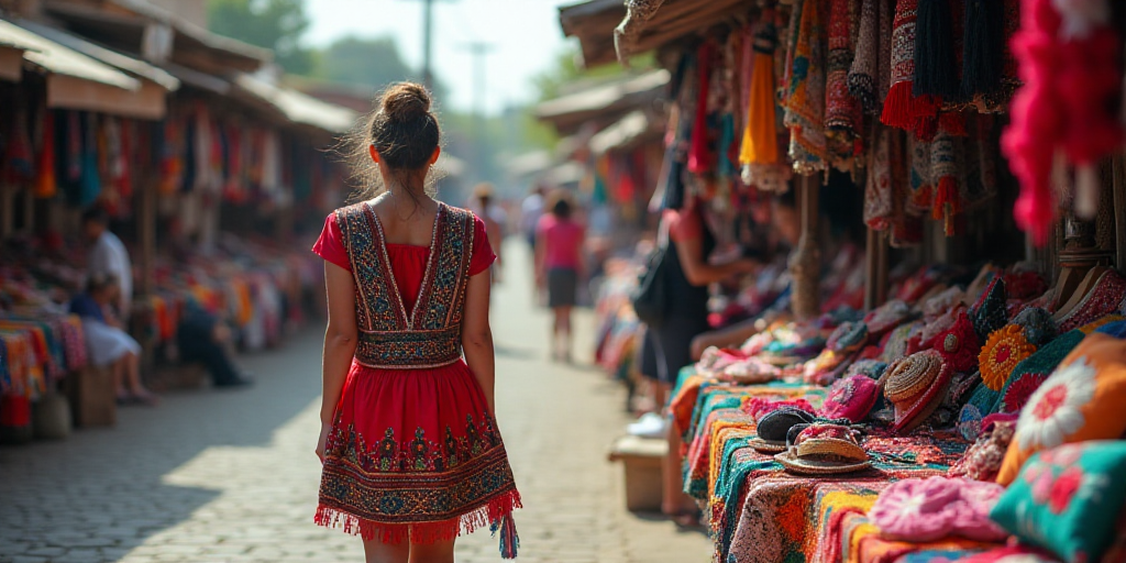a woman walking past a market with a lot of colorful items on display on the side of the road, Cefer