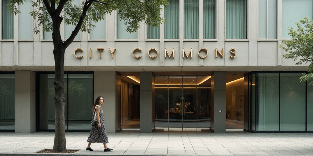 a woman walking past a tall building with a sign on it's side that says city commons international,