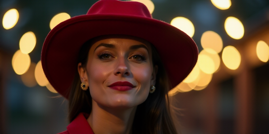a woman wearing a red hat and earrings in front of a blurry background of lights and circles of ligh